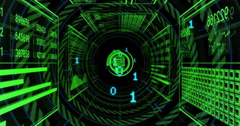 Camera floating into green tunnel rotating rings drifting binary digits panels Stock Footage 312348735