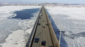 The camera floats over the road bridge Stock Footage 85837534