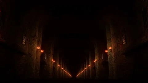 Camera fly forward inside dark gloomy corridor of stone fortress with torches on Stock Footage 310233069