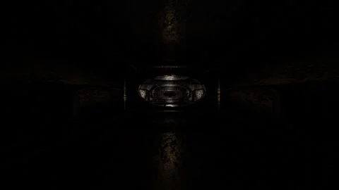 Camera fly forward inside dark gloomy tunnel with old rusty pipes. 3d render loo Stock Footage 312736050