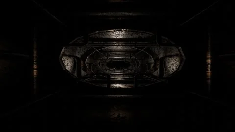 Camera fly forward inside dark gloomy tunnel with old rusty pipes. 3d render loo Stock Footage 312736053