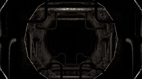 Camera fly forward inside dark gloomy tunnel with old rusty pipes. 3d render loo Video stock 312736054