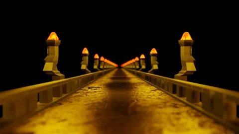 Camera fly forward over bridge with torches on black background. 3d render. loop Video stock 310233077