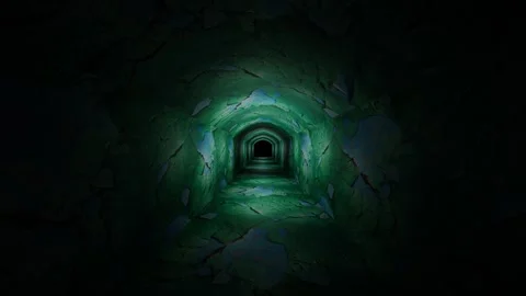 Camera fly forward through dark gloomy corridor with texture of old cracked gree Video stock 308806030