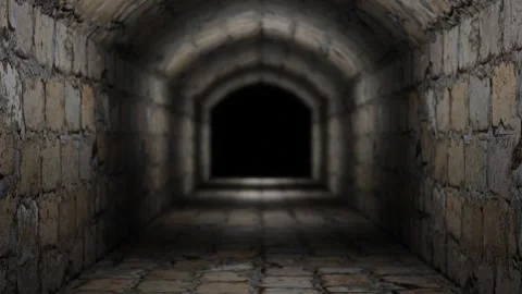 Camera fly forward through dark gloomy corridor of old concrete blocks. 3d rende Video stock 308806041