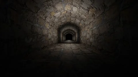 Camera fly forward through dark gloomy corridor of old concrete blocks. 3d rende Stock-Footage 308806043