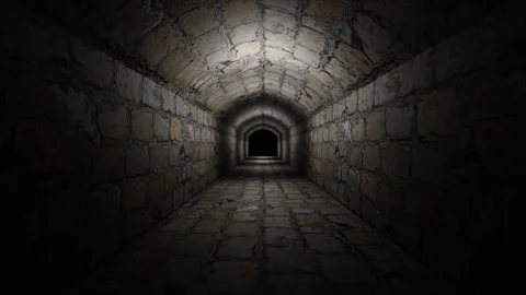 Camera fly forward through dark gloomy corridor of old concrete blocks. 3d rende Video stock 308806044