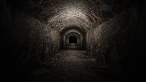 Camera fly forward through dark gloomy corridor with stone texture. 3d render lo Stock Footage 308806055