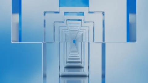 Camera fly through cubes with cross-shaped cutout against blue sky with white cl Video stock 308806082