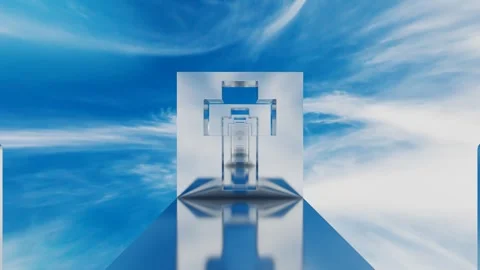 Camera fly through cubes with cross-shaped cutout against blue sky with white cl Stock Footage 308806086