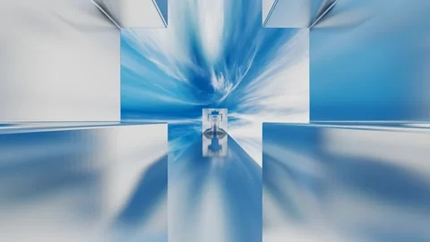 Camera fly through cubes with cross-shaped cutout against blue sky with white cl Stock Footage 308806087