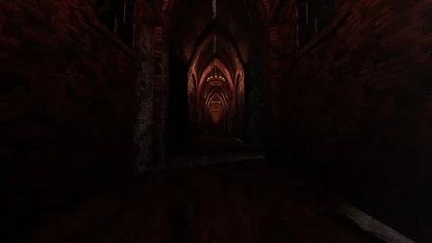 Camera fly through narrow high corridor of medieval red brick castle. 3d render  Video stock 311933698