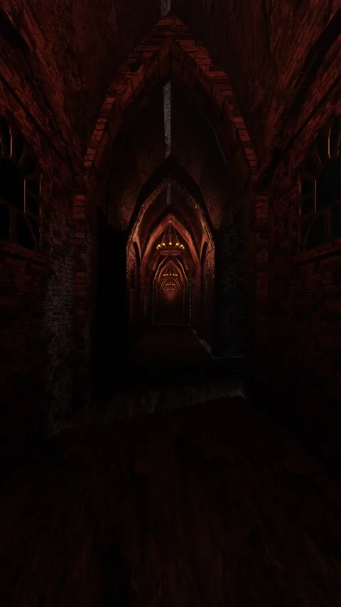 Camera fly through narrow high corridor of medieval red brick castle. vertical v Stock-Footage 311933702