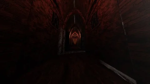 Camera fly through narrow high corridor of medieval red brick castle. 3d render  Stock Footage 311933704