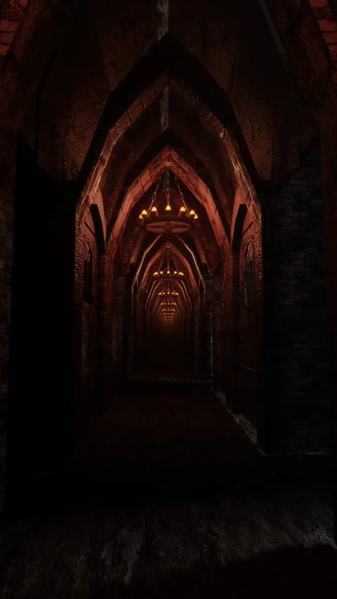 Camera fly through narrow high corridor of medieval red brick castle. vertical v Stock Footage 311933713