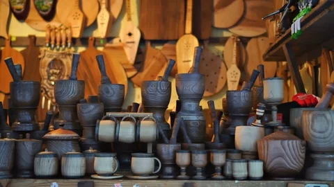 Camera fly through Stand full of handmade polished wooden crafts Stock Footage 124519634