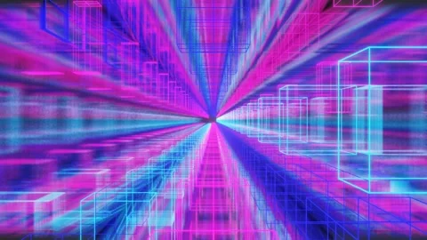 Camera flyby inside endless square tunnel with neon glowing cubes. 3d render. lo Stock Footage 310233026