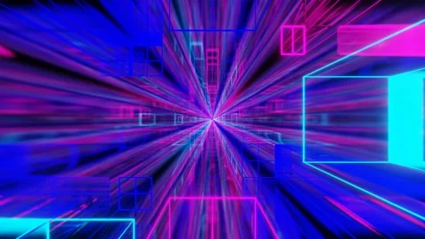 Camera flyby inside endless square tunnel with neon glowing cubes. 3d render. lo 스톡 동영상 310233027