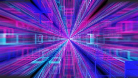 Camera flyby inside endless square tunnel with neon glowing cubes. 3d render. lo Stock Footage 310233028