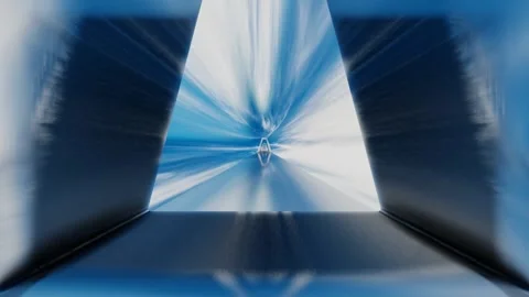 Camera flyby inside endless tunnel of trapezoid frames against blue sky with whi Stock Footage 310233159