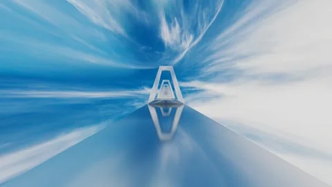 Camera flyby inside endless tunnel of trapezoid frames against blue sky with whi Video stock 310233162