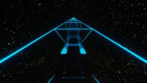 Camera flyby inside a tunnel made of a rectangular frame glowing with blue neon  Stockbeeldmateriaal 310507691