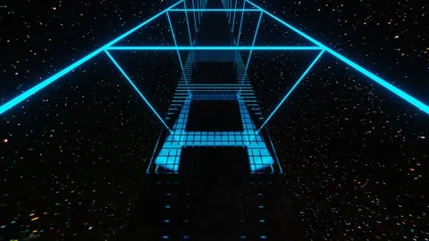 Camera flyby inside a tunnel made of a rectangular frame glowing with blue neon  스톡 동영상 310507703