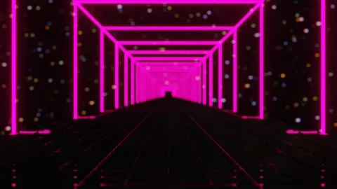 Camera flyby inside tunnel of purple neon glowing rectangular frame against star Stock Footage 310507649