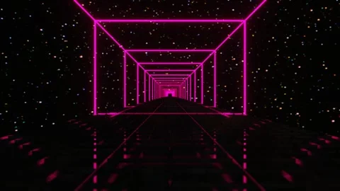 Camera flyby inside tunnel of purple neon glowing rectangular frame against star 스톡 동영상 310507667