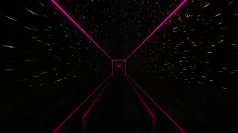 Camera flyby inside tunnel of purple neon glowing rectangular frame against star 스톡 동영상 310507672
