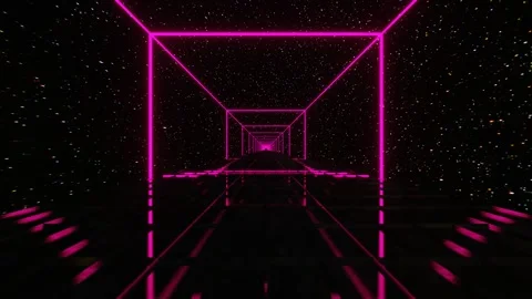 Camera flyby inside tunnel of purple neon glowing rectangular frame against star 스톡 동영상 310507673