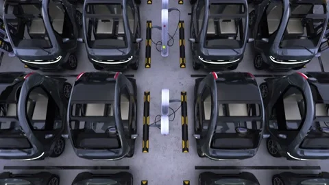 Camera flyies above lots of electric cars at charging station in a parking lot. Stock Footage 226985460