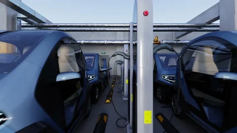Camera flyies between lots of electric cars at charging station in a parking lot Stock Footage 226984858