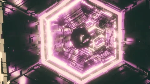 A camera flying after a mirror polyhedron along a dark hexagonal corridor lit by Stock Footage 138902200