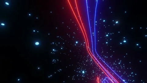 Camera flying along glowing neon lines and particles on a black background. loop Stock Footage 154311694