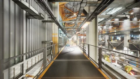 Camera is flying in Factory Environment on top floor Stock Footage 171724135