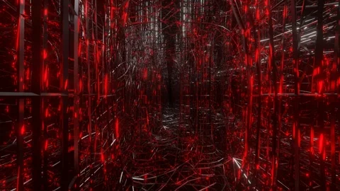 Camera flying forward through an abstract tunnel made of a metal frame glowing r Stock Footage 258273132