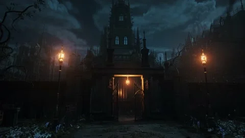 Camera is flying to the gate of the cemetry at a gothic church - realistic 3d Stock Footage 236408358