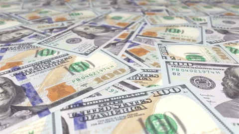 Camera flying over 100 US dollar bills money. Close up of panning along currency Stock Footage 255528590