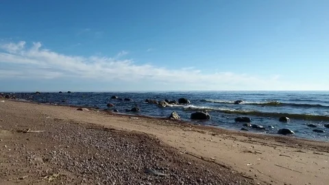 Camera flying over beach and seashore of Gulf of Finland. Aerial drone footage. Stock Footage 76178717