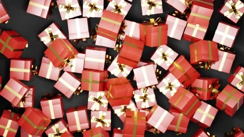 Camera flying over red and white gift boxes Vídeo Stock 294289706