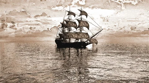 Camera flying over a sailing ship drawn with a pencil Stock Footage 138203414