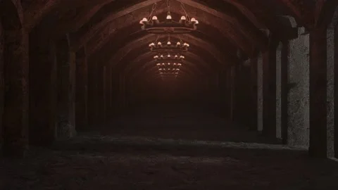 The camera flying through the endless corridor of the castle. gloomy dark loopin Stock Footage 234156882