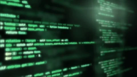 Camera flying through green programming code on dark screen Video stock 347375140