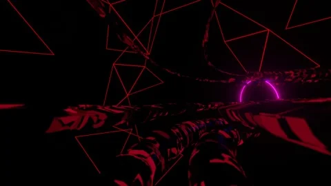 Camera flying through a round tunnel with glowing neon light circles. looped ani Stock Footage 241470257