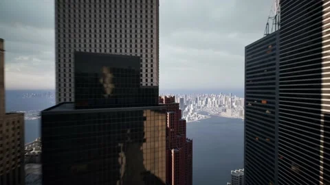 Camera flys above street between modern high rise buildings, 3d computer Stock Footage 208947013