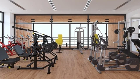 Camera flys in gym - 3d animation Stock Footage 123696334