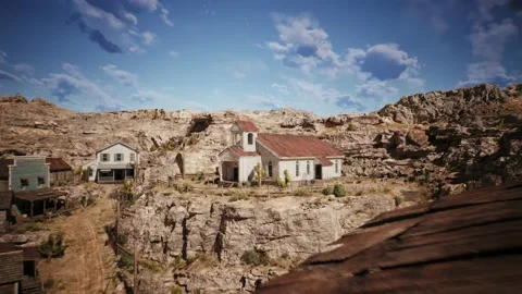 Camera flys to an old town hall building in realistic 3d animation of an west Stock Footage 236396106