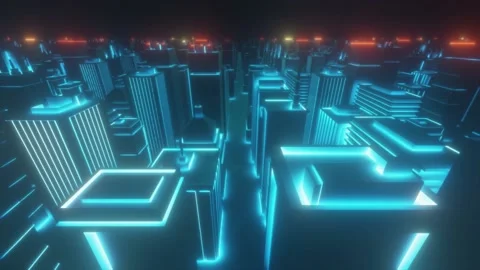 Camera Flys Through Digital City scanning of digital buildings with iot v2 Stock Footage 145349494