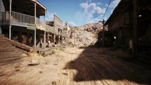 Camera flys trough the main street of a west town village Stock Footage 236395822